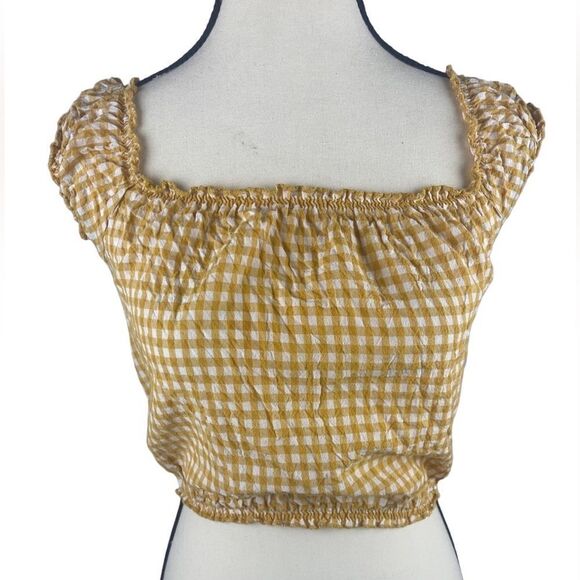 Brandy Melville Women Yellow Stretch Sleeveless Gingham Ruffle Crop Top Size: S - Picture 2 of 7